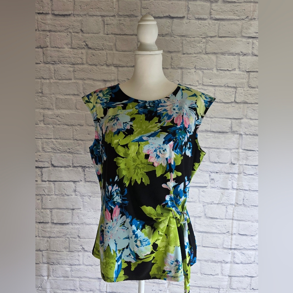 Kasper Floral Tie-Waist Blouse - Black, Blue, Green